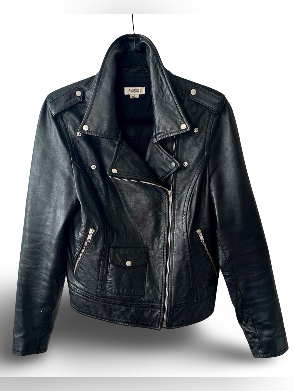 AUTH Vtg 90’s Barneys New York Soft Black Leather Moto Jacket Large Retail $895 - Picture 4 of 8